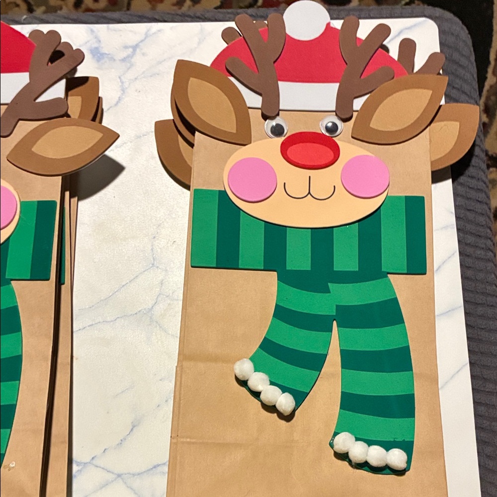 Set of 6 Reindeer Gift Bag with Green Scarf-made from kit from hobby lobby